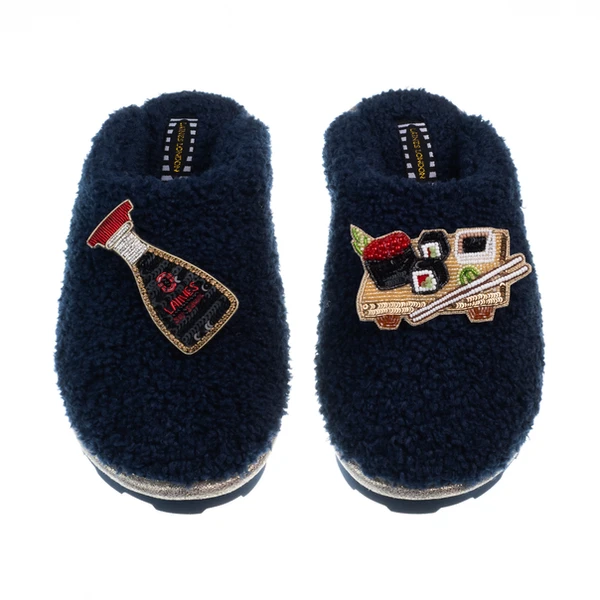 Laines London Teddy Closed Toe Slippers With Sushi & Soy Sauce Brooches