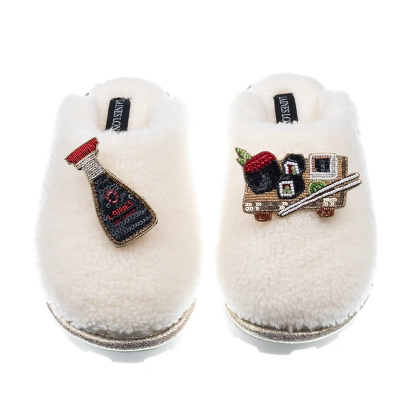 Laines London Teddy Closed Toe Slippers With Sushi & Soy Sauce Brooches
