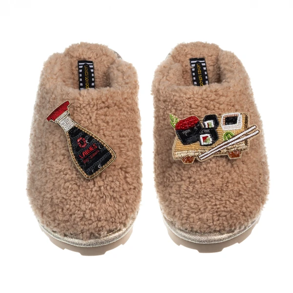laines london Teddy Closed Toe Slippers With Sushi & Soy Sauce Brooches