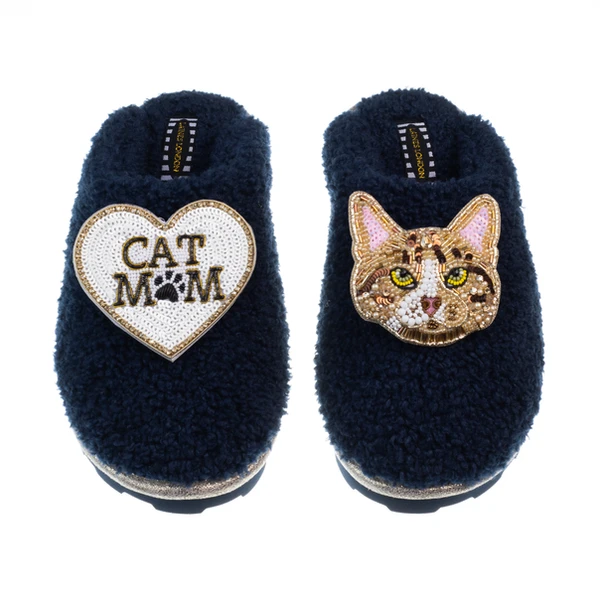 Laines London Teddy Closed Toe Slippers With Tabby Cat & Cat Mum / Mom Brooches