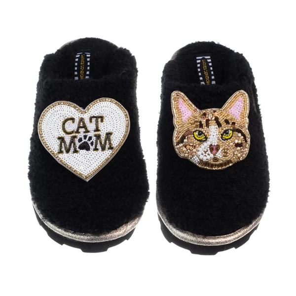 Laines London Teddy Closed Toe Slippers With Tabby Cat & Cat Mum / Mom Brooches
