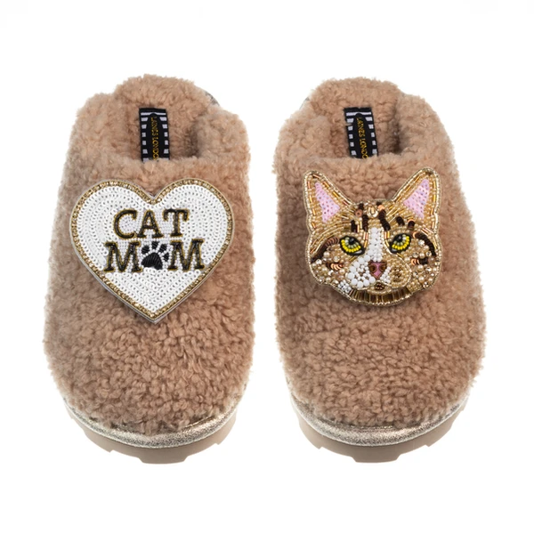 laines london Teddy Closed Toe Slippers With Tabby Cat & Cat Mum / Mom Brooches