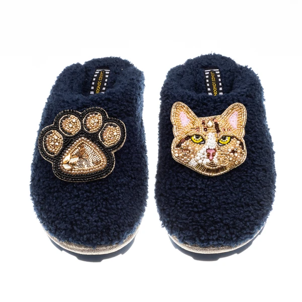 Laines London Teddy Closed Toe Slippers With Tabby Cat & Paw Brooches