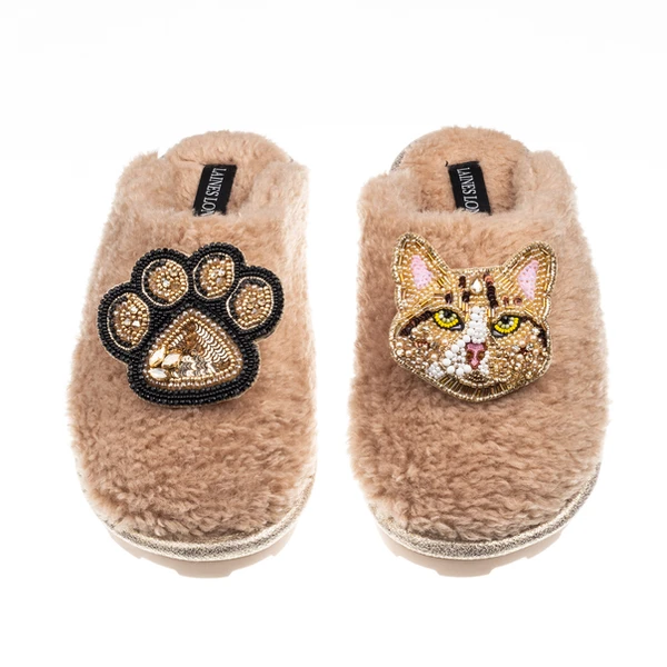 Laines London Teddy Closed Toe Slippers With Tabby Cat & Paw Brooches