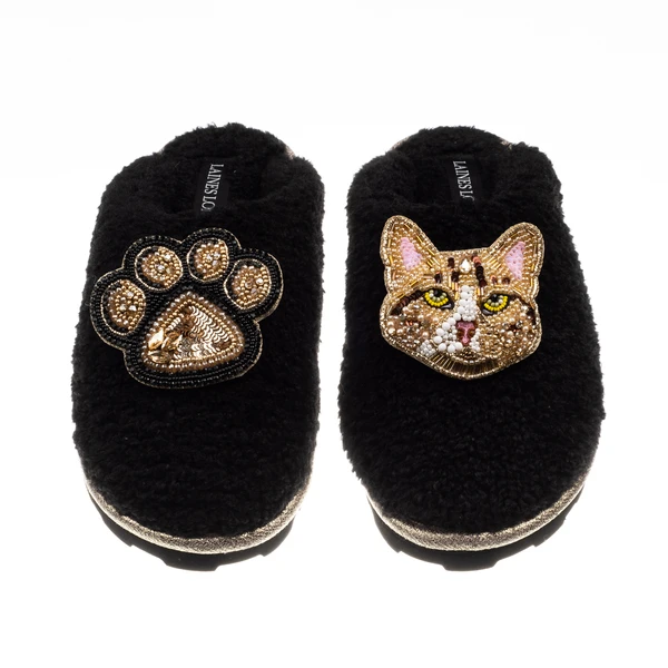 Laines London Teddy Closed Toe Slippers With Tabby Cat & Paw Brooches