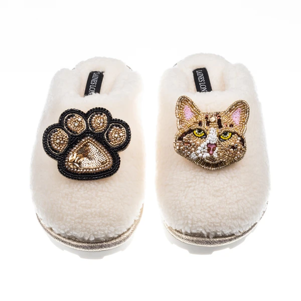 laines london Teddy Closed Toe Slippers With Tabby Cat & Paw Brooches