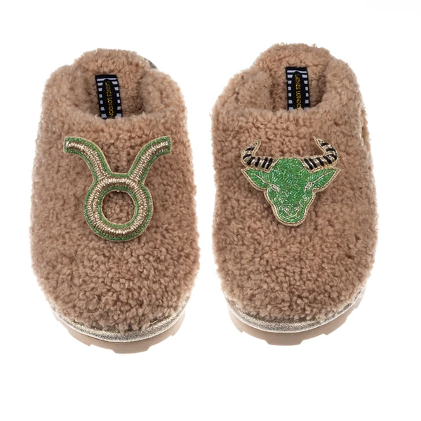 Laines London Teddy Closed Toe Slippers With Taurus Star Sign Brooches