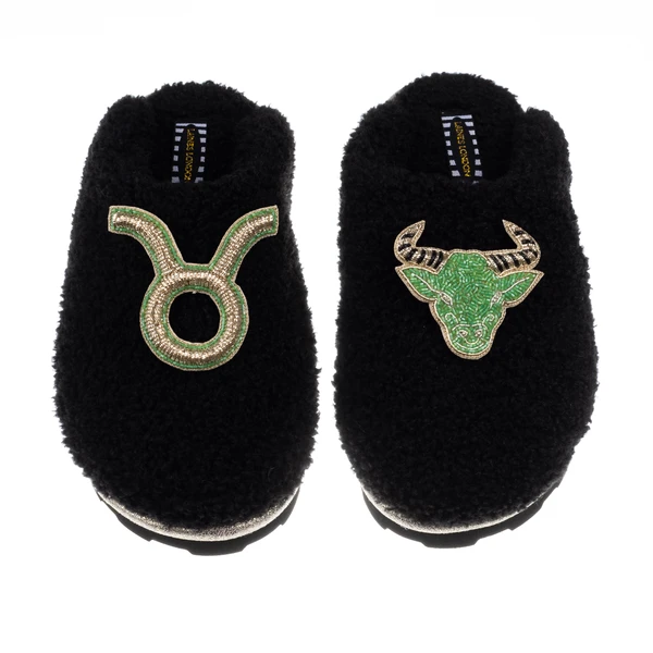 Laines London Teddy Closed Toe Slippers With Taurus Star Sign Brooches