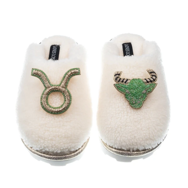 laines london Teddy Closed Toe Slippers With Taurus Star Sign Brooches