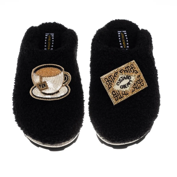 Laines London Teddy Closed Toe Slippers With Tea & Biscuit Brooches