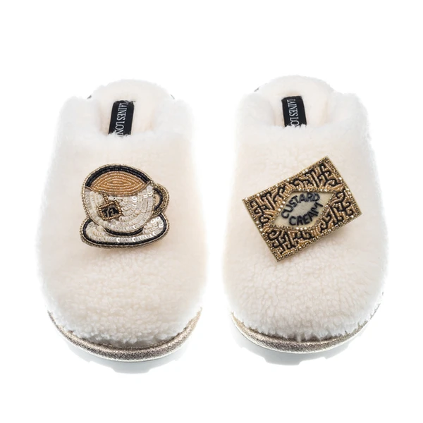 Laines London Teddy Closed Toe Slippers With Tea & Biscuit Brooches