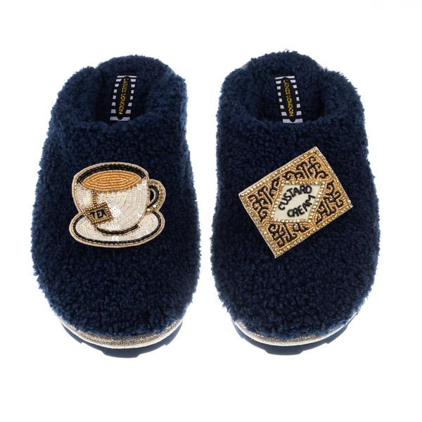 Laines London Teddy Closed Toe Slippers With Tea & Biscuit Brooches