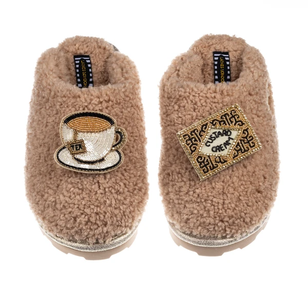 laines london Teddy Closed Toe Slippers With Tea & Biscuit Brooches