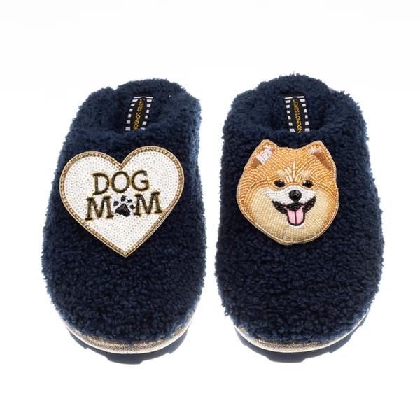 Laines London Teddy Closed Toe Slippers With Teddy The Pomeranian & Dog Mum / Mom Brooches