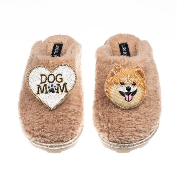 Laines London Teddy Closed Toe Slippers With Teddy The Pomeranian & Dog Mum / Mom Brooches