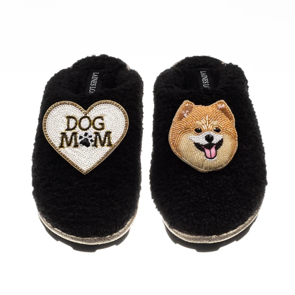 Laines London Teddy Closed Toe Slippers With Teddy The Pomeranian & Dog Mum / Mom Brooches