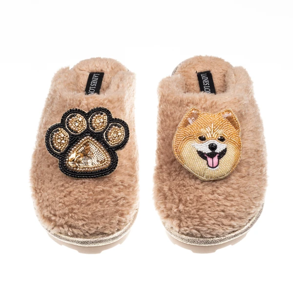 Laines London Teddy Closed Toe Slippers With Teddy The Pomeranian & Paw Brooches