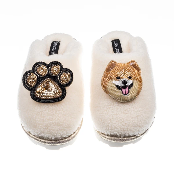 Laines London Teddy Closed Toe Slippers With Teddy The Pomeranian & Paw Brooches