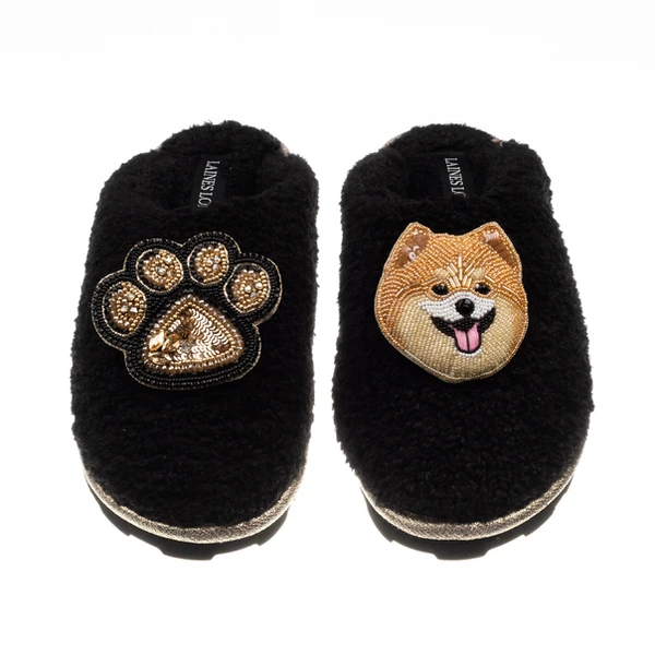 Laines London Teddy Closed Toe Slippers With Teddy The Pomeranian & Paw Brooches