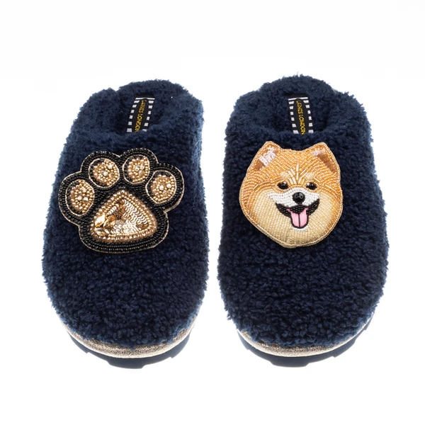 laines london Teddy Closed Toe Slippers With Teddy The Pomeranian & Paw Brooches