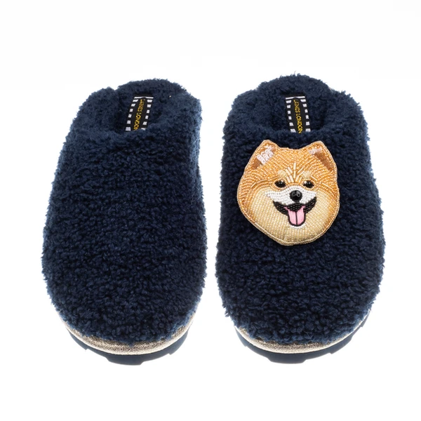 Laines London Teddy Closed Toe Slippers With Teddy The Pomeranian Brooch