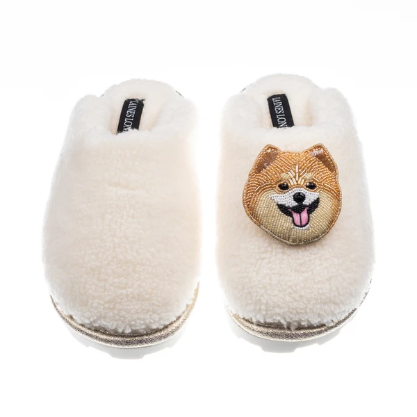 Laines London Teddy Closed Toe Slippers With Teddy The Pomeranian Brooch