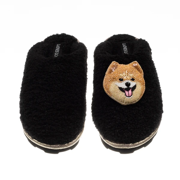 Laines London Teddy Closed Toe Slippers With Teddy The Pomeranian Brooch