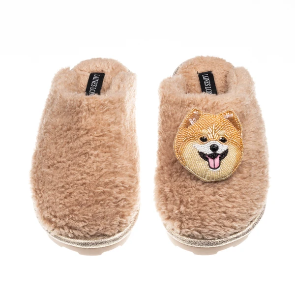 laines london Teddy Closed Toe Slippers With Teddy The Pomeranian Brooch