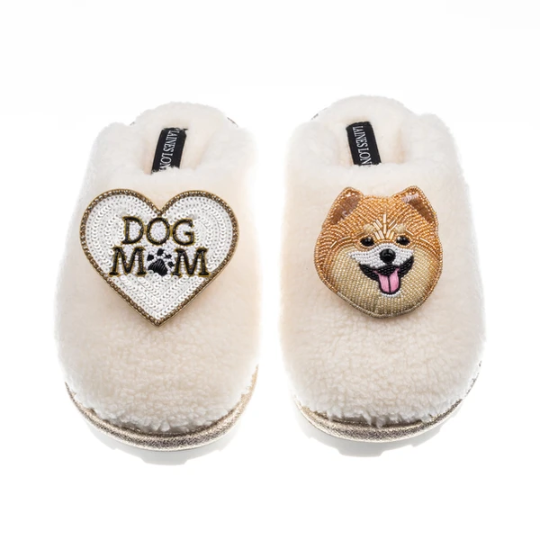 laines london Teddy Closed Toe Slippers With Teddy The Pomeranian & Dog Mum / Mom Brooches