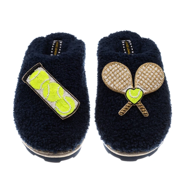 Laines London Teddy Closed Toe Slippers With Tennis Lover Brooches