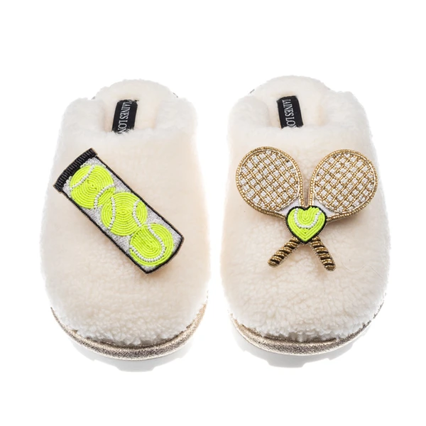 Laines London Teddy Closed Toe Slippers With Tennis Lover Brooches