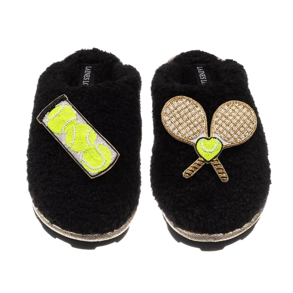 Laines London Teddy Closed Toe Slippers With Tennis Lover Brooches