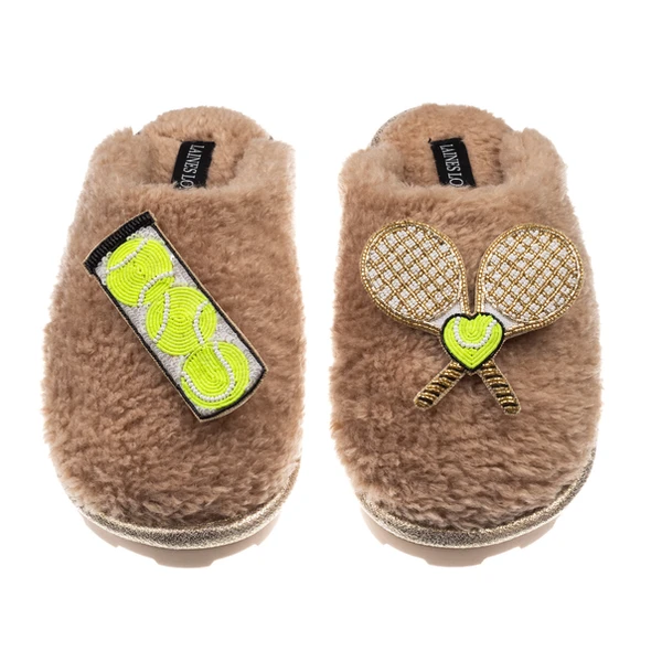 laines london Teddy Closed Toe Slippers With Tennis Lover Brooches