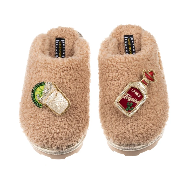 Laines London Teddy Closed Toe Slippers With Tequila Slammer Brooches