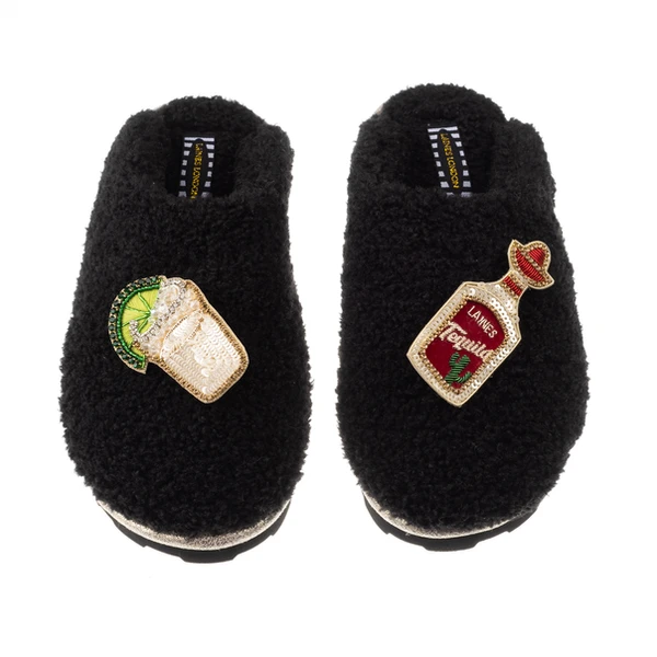 Laines London Teddy Closed Toe Slippers With Tequila Slammer Brooches