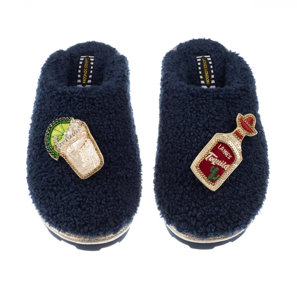 Laines London Teddy Closed Toe Slippers With Tequila Slammer Brooches