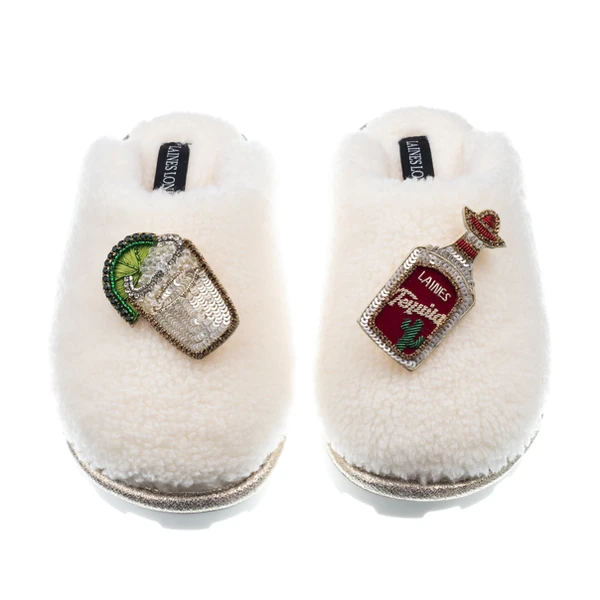 laines london Teddy Closed Toe Slippers With Tequila Slammer Brooches