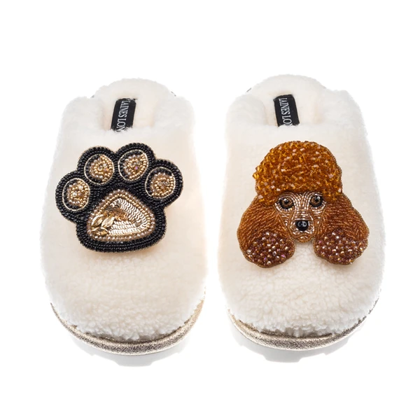 Laines London Teddy Closed Toe Slippers With Tutu The Poodle & Paw Brooches