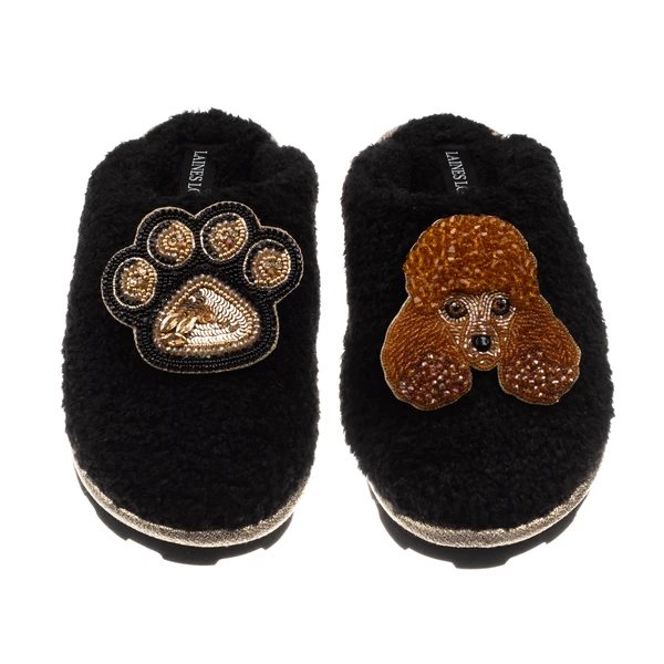 Laines London Teddy Closed Toe Slippers With Tutu The Poodle & Paw Brooches