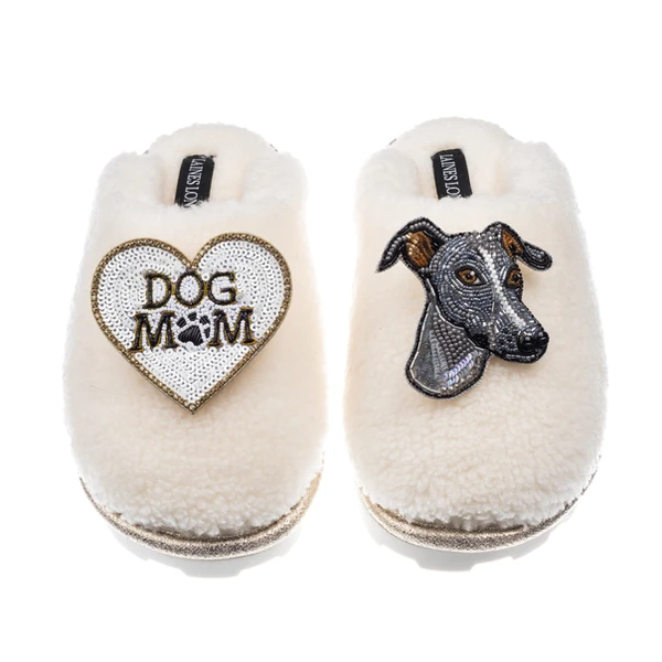 Laines London Teddy Closed Toe Slippers With Vinny Italian Greyhound & Dog Mum / Mom Brooches