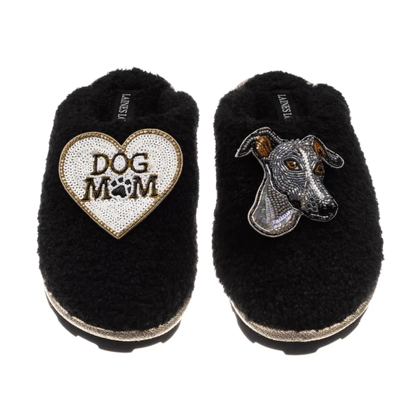 Laines London Teddy Closed Toe Slippers With Vinny Italian Greyhound & Dog Mum / Mom Brooches