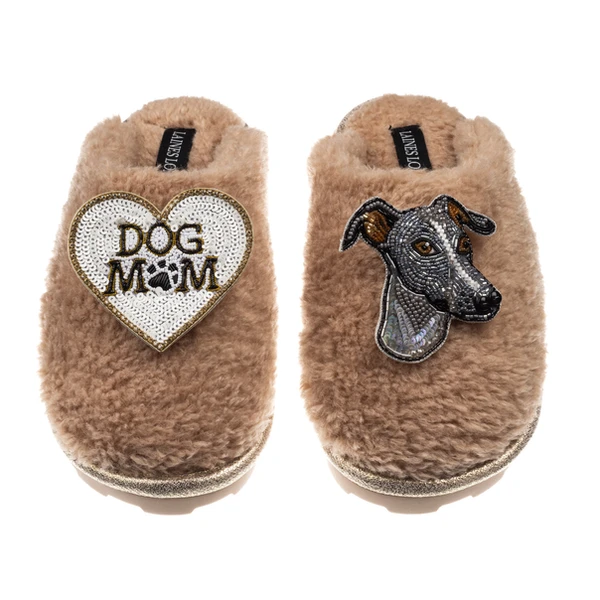 Laines London Teddy Closed Toe Slippers With Vinny Italian Greyhound & Dog Mum / Mom Brooches