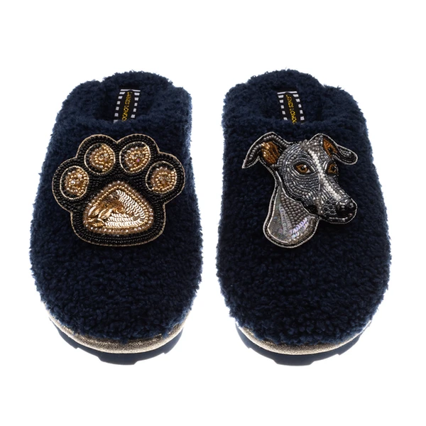 Laines London Teddy Closed Toe Slippers With Vinny Italian Greyhound & Paw Brooches
