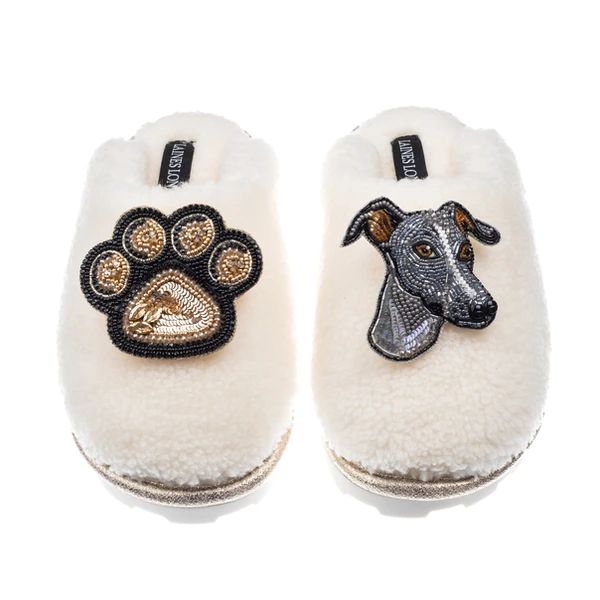 Laines London Teddy Closed Toe Slippers With Vinny Italian Greyhound & Paw Brooches
