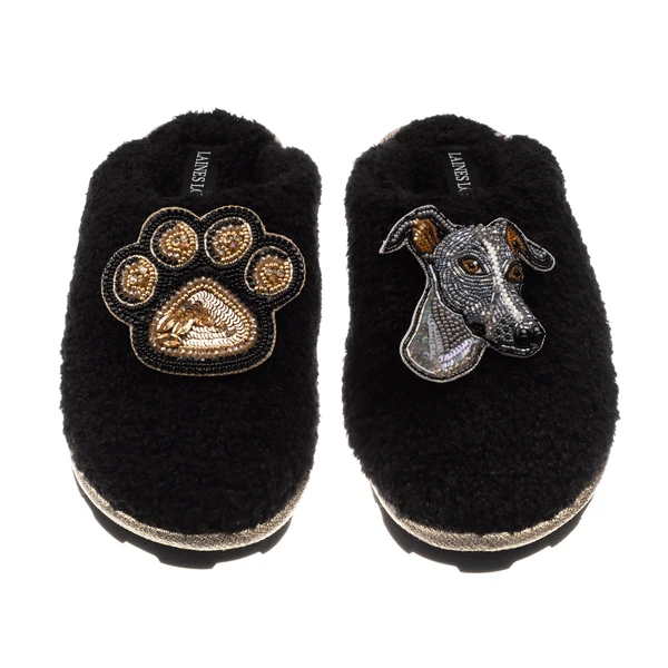 Laines London Teddy Closed Toe Slippers With Vinny Italian Greyhound & Paw Brooches