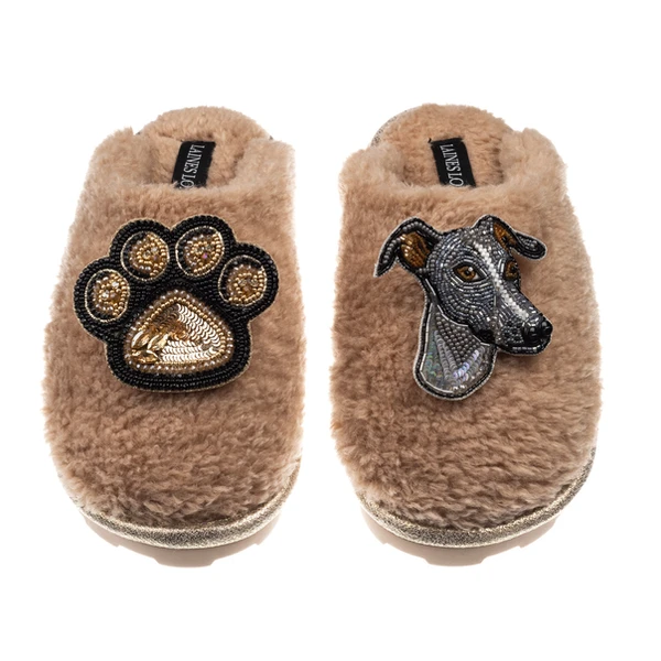 laines london Teddy Closed Toe Slippers With Vinny Italian Greyhound & Paw Brooches