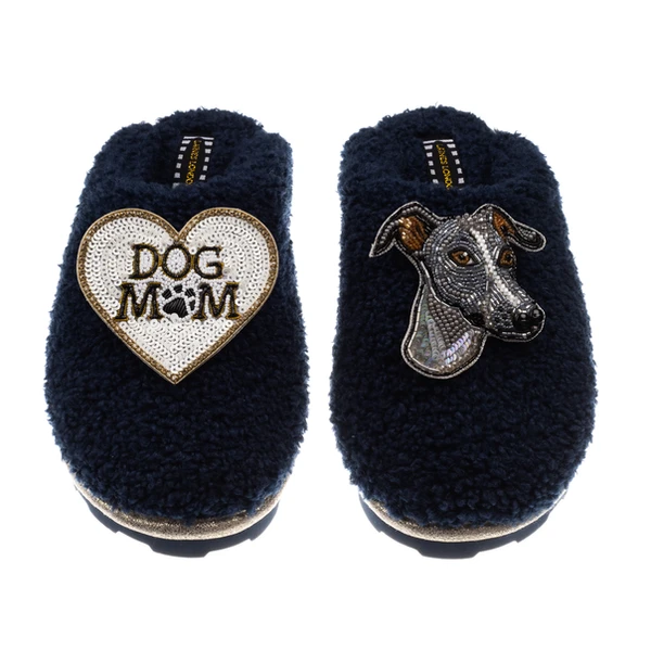 laines london Teddy Closed Toe Slippers With Vinny Italian Greyhound & Dog Mum / Mom Brooches