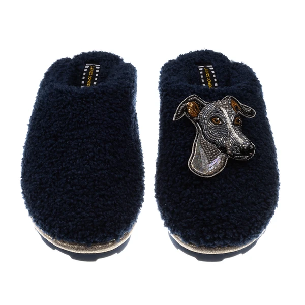 Laines London Teddy Closed Toe Slippers With Vinny The Italian Greyhound Brooch