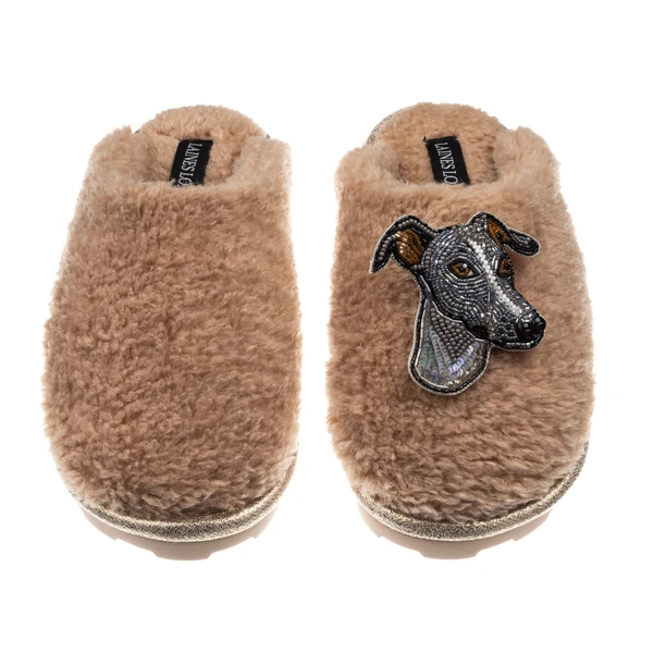 Laines London Teddy Closed Toe Slippers With Vinny The Italian Greyhound Brooch