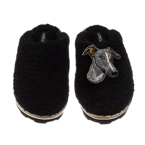 Laines London Teddy Closed Toe Slippers With Vinny The Italian Greyhound Brooch
